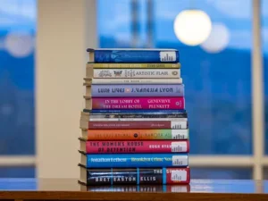 stack of 2023 books in library at Bennington